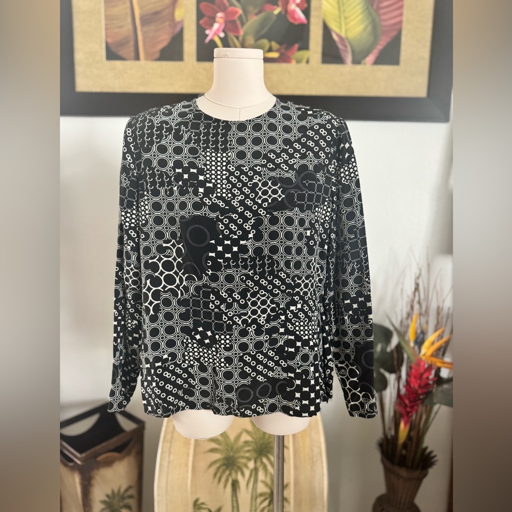 Carlisle Women's Blouse Top Black White 100% Silk Long Sleeve High Neck Small